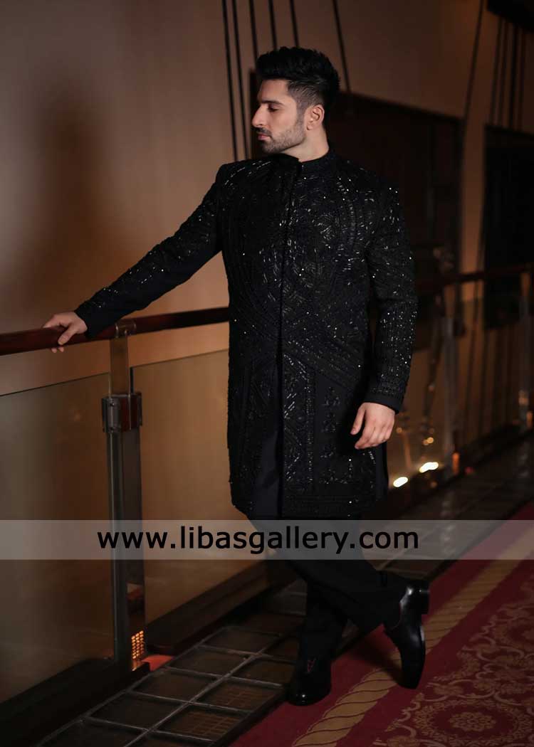 Luxury Black Wedding Sherwani Hand Embellished for Nikah