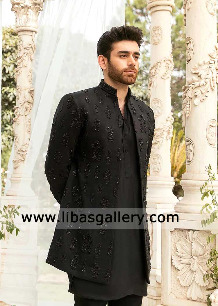 Tricon Black Self hand embellished Premium Groom Sherwani
