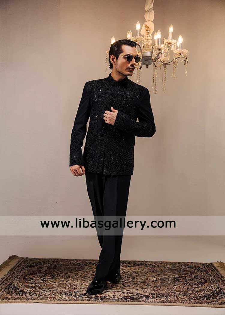 Luxury hand Embroidered Black Groom Suiting prince coat
