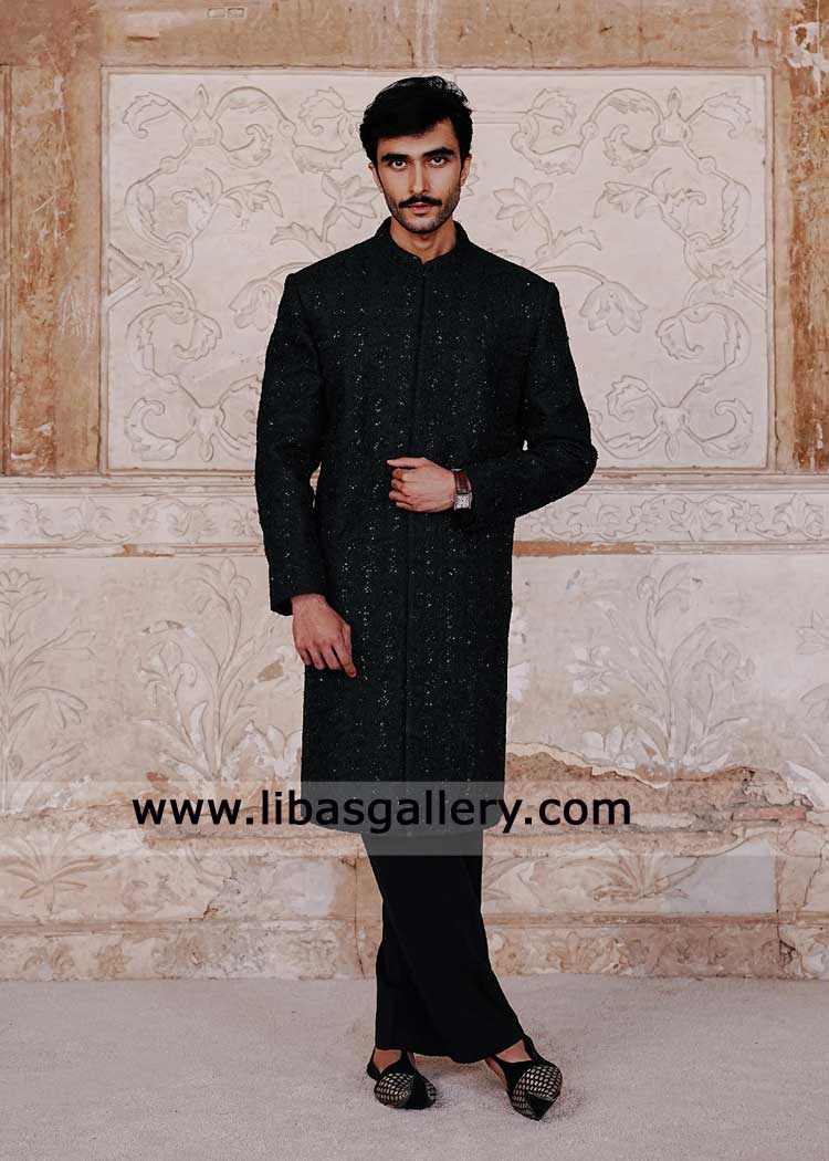 Black hand embellished wedding sherwani for groom
