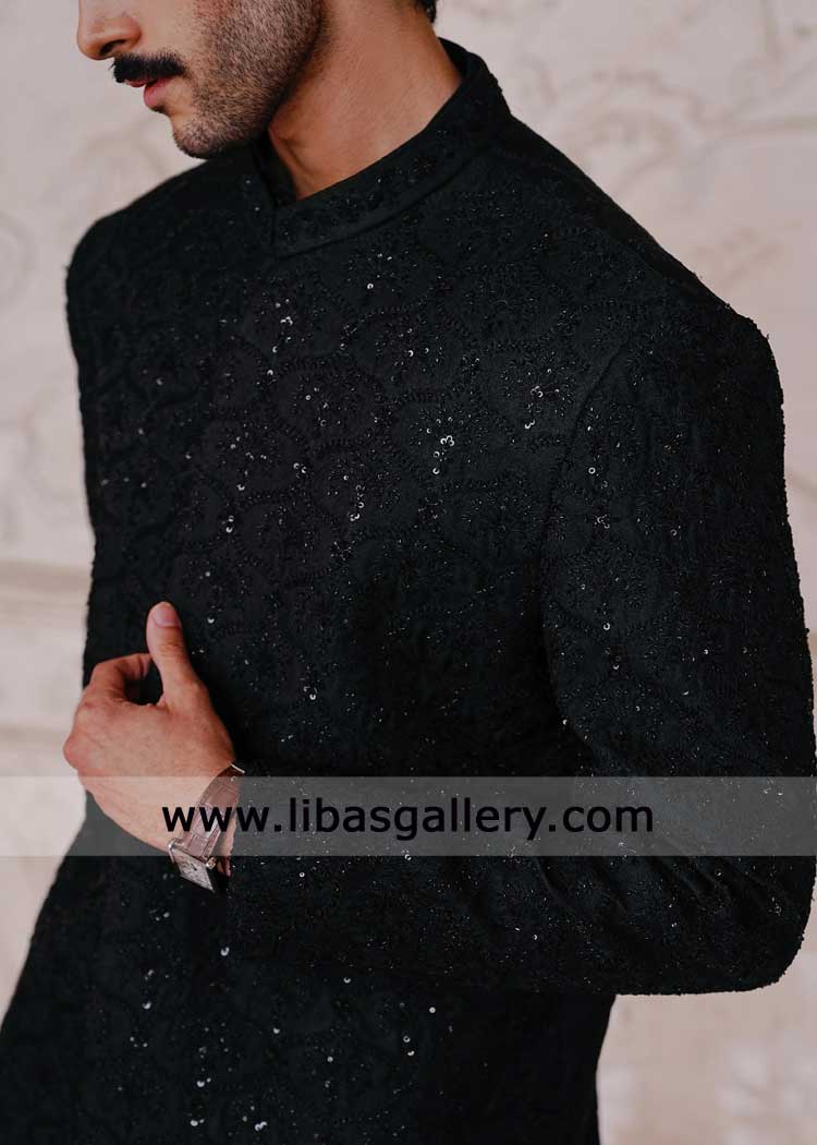 Black hand embellished wedding sherwani for groom