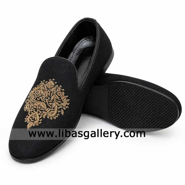 Black Hand made Loafers with Gold Embroidery for Groom