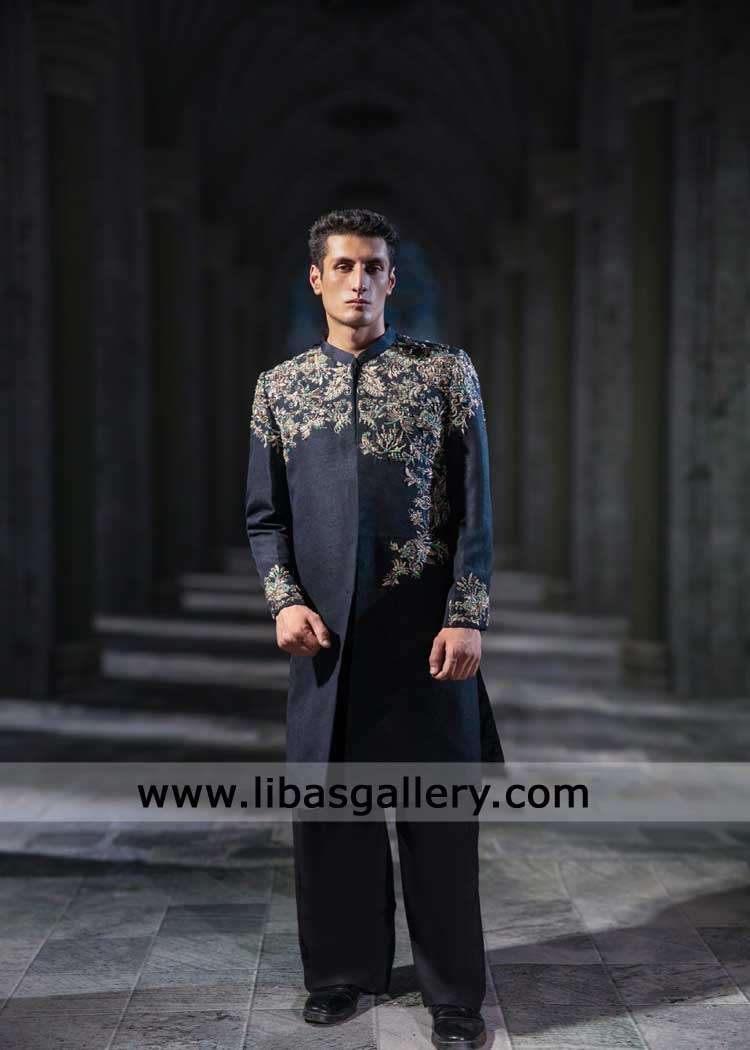 multi color hand embroidery on black wedding sherwani