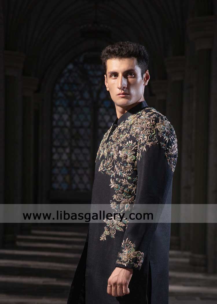 multi color hand embroidery on black wedding sherwani