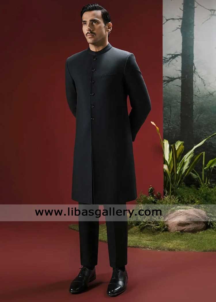 Black Stylish Plain Suiting Sherwani for Groom Nikah