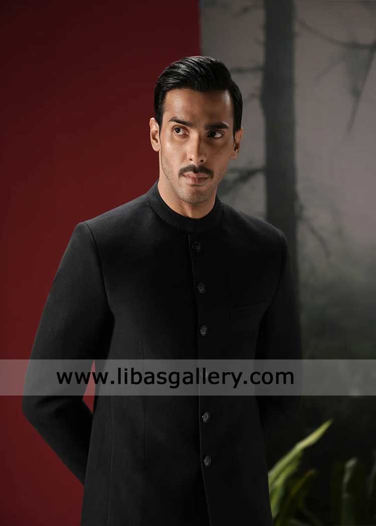 Black Stylish Plain Suiting Sherwani for Groom Nikah