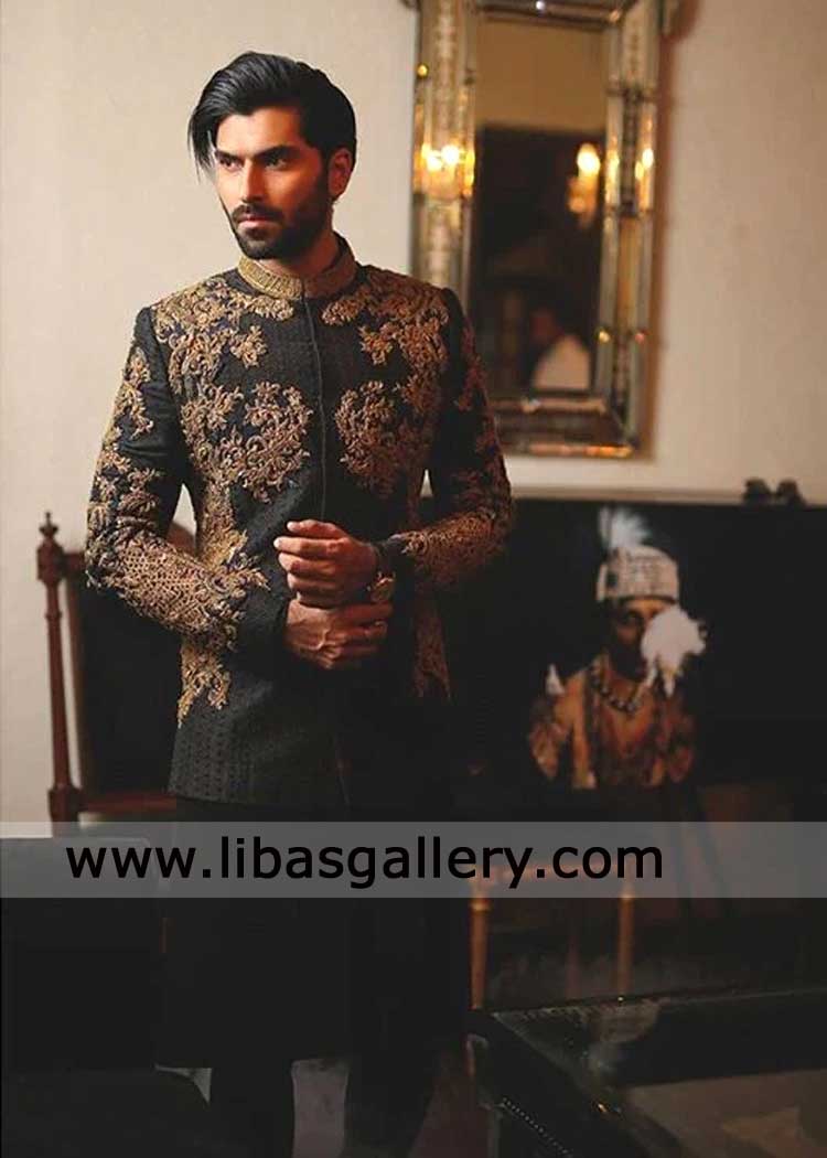 Black Antique Gold Hand Embellished Prince Coat 