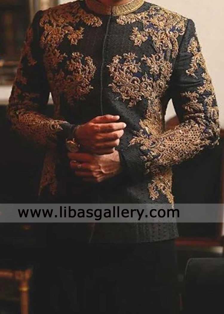 Black Antique Gold Hand Embellished Prince Coat 