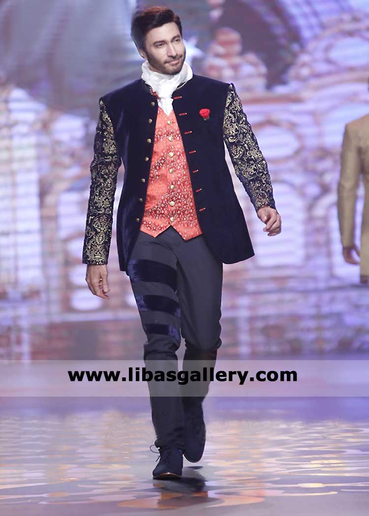 Velvet Black Prince Coat Set for Men Nikah day