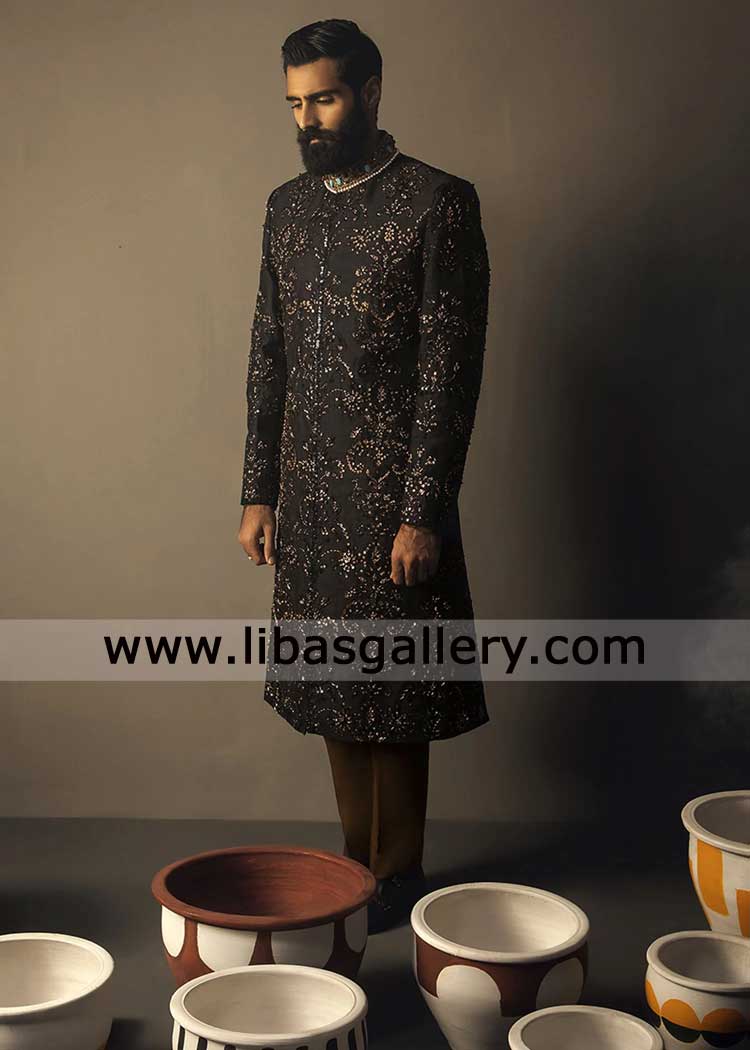 Black Wedding Sherwani Hand Embellished with Damask Motifs