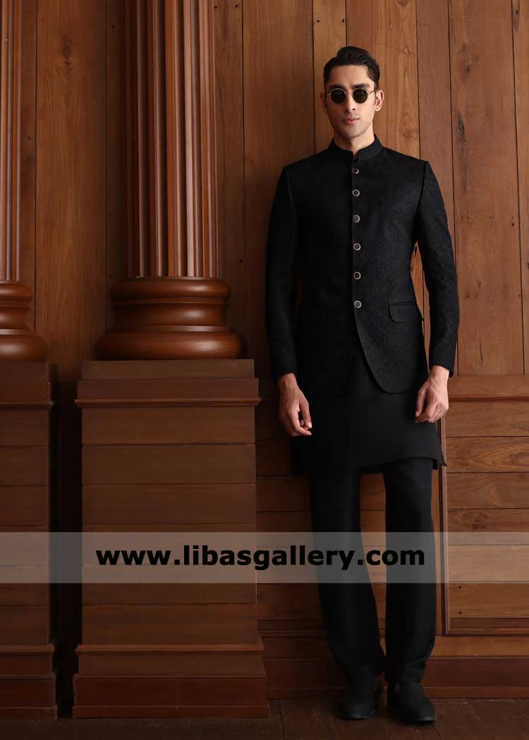 Black Self Embroidered Groom Prince Coat Style