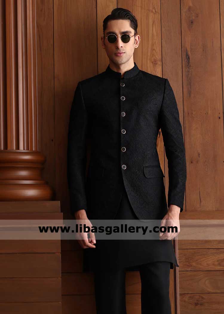 Black Self Embroidered Groom Prince Coat Style