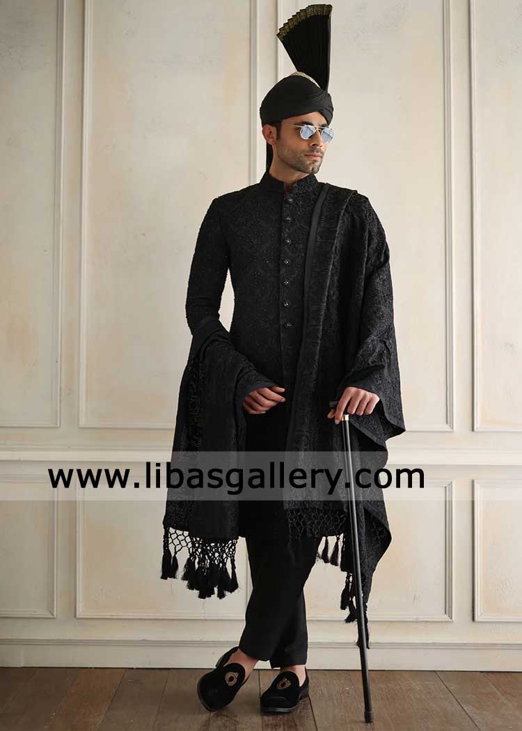 Black Self embroidered Motifs Hand embellished Groom Nikah Sherwani set with Matching Inner Turban Shawl Shoes London New York Vancouver Dubai