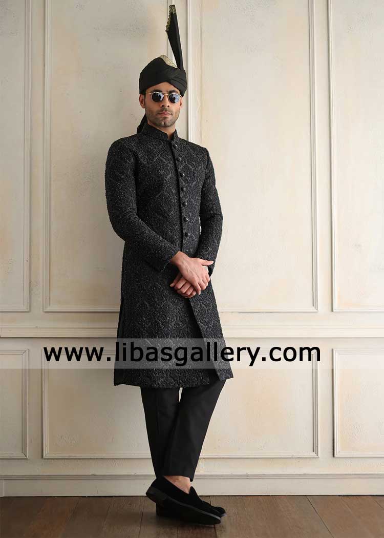 Black Self Embroidered Hand Embellished Groom Sherwani