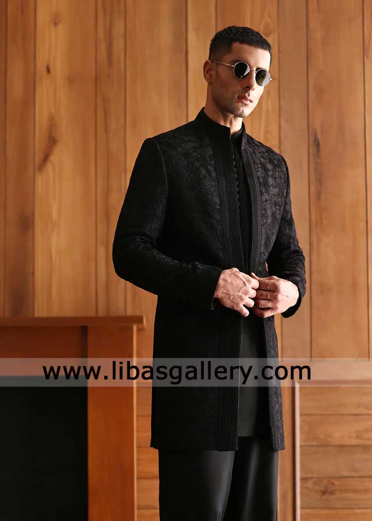 Black Self embroidered Open Groom Prince Coat