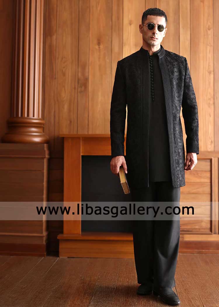 Black Self embroidered Open Groom Prince Coat