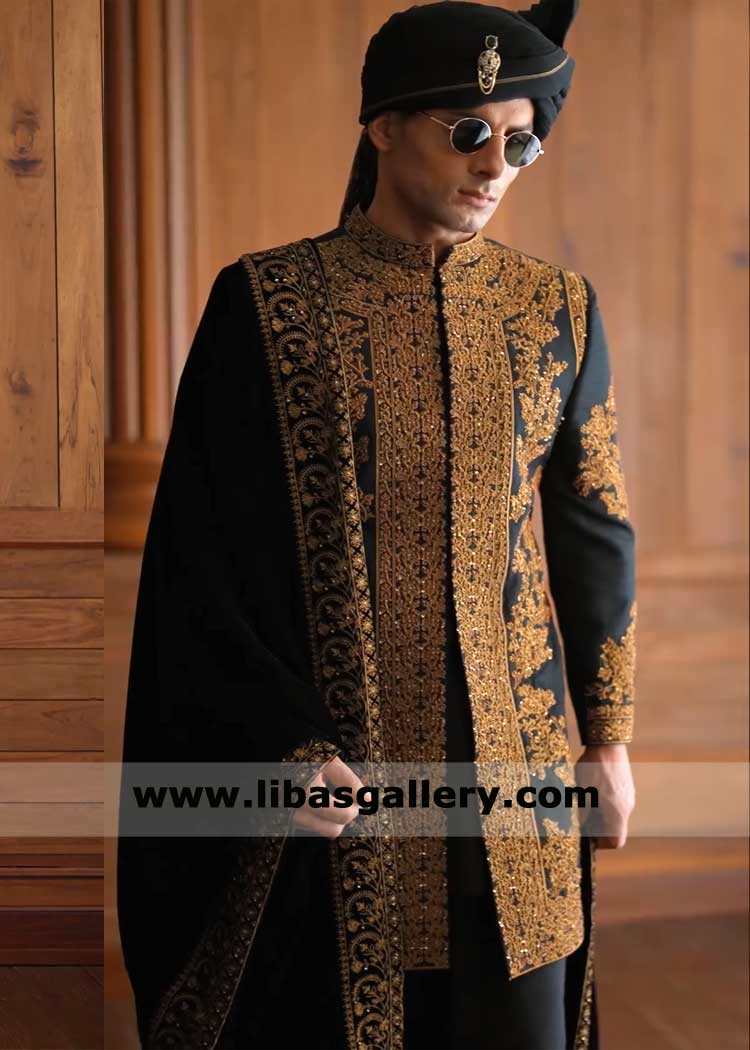 Black Gold embroidered Short Length Groom Sherwani