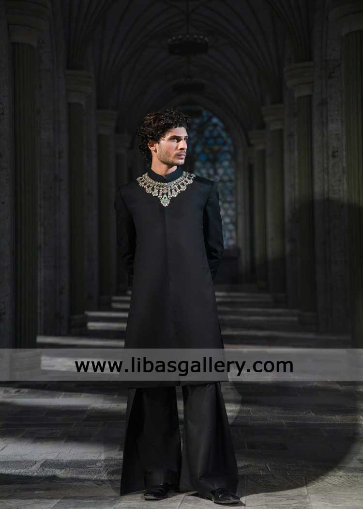 Black plain suiting fabric sherwani design