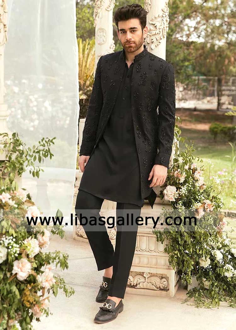 Tricon Black Self hand embellished Premium Groom Sherwani