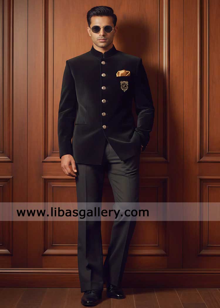 Rich Textured Black Velvet Prince Coat for men