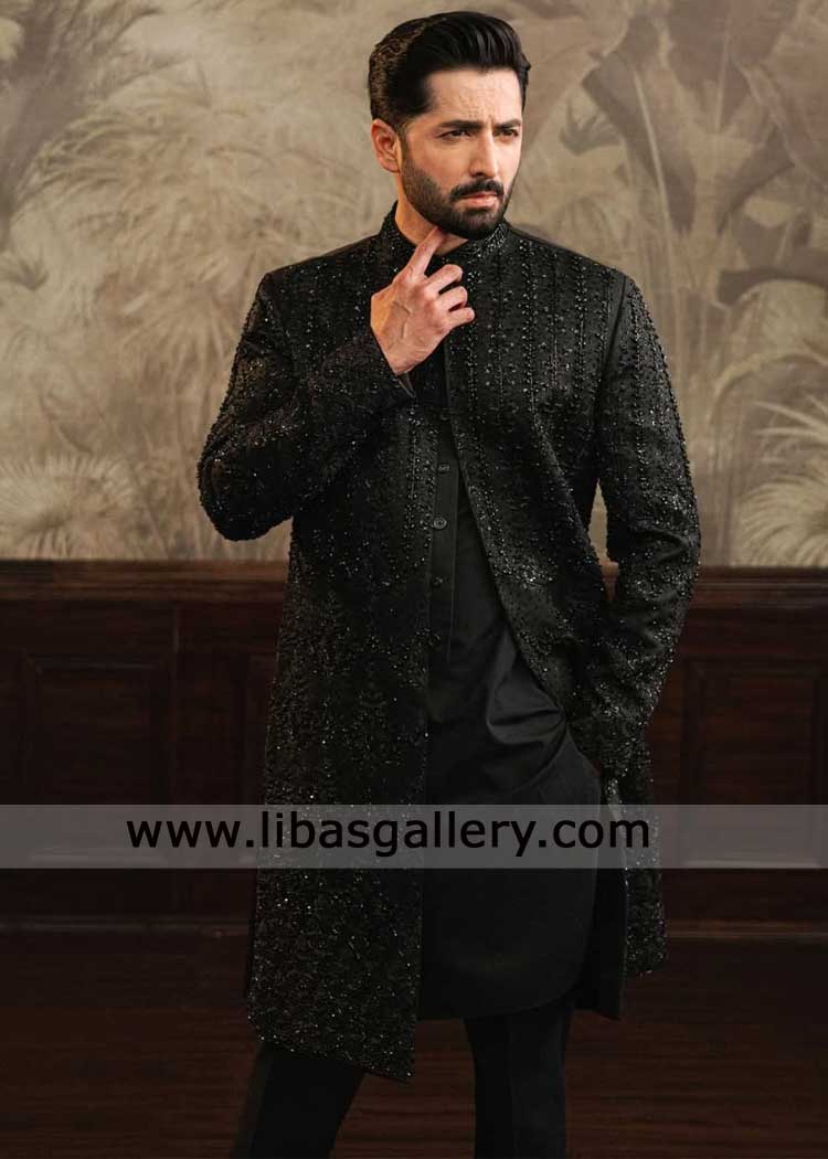 Black Floral Mughal pattern embroidered Groom Wedding Sherwani