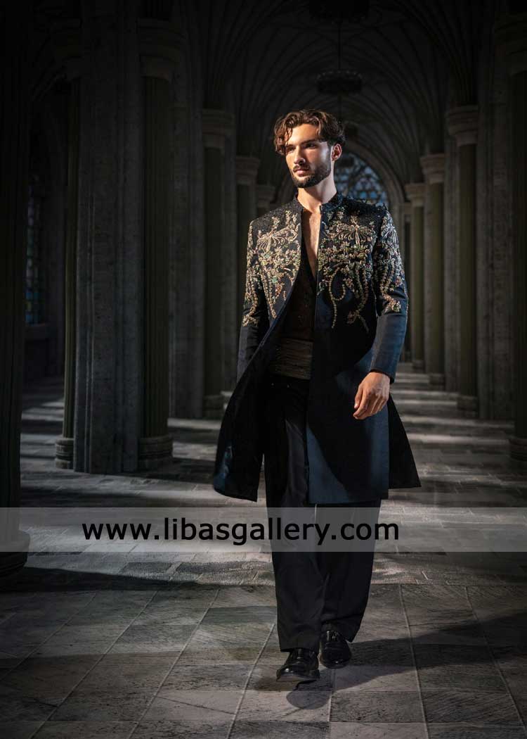 Black Couture hand work sherwani for groom Nikah