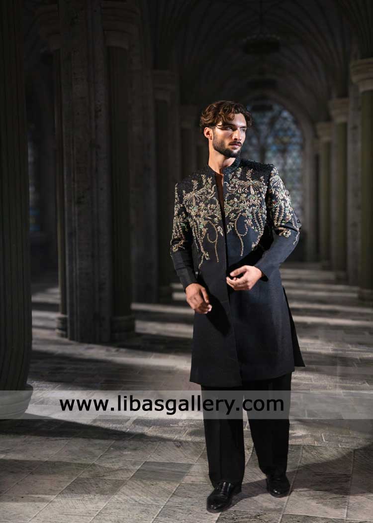 Black Couture hand work sherwani for groom Nikah