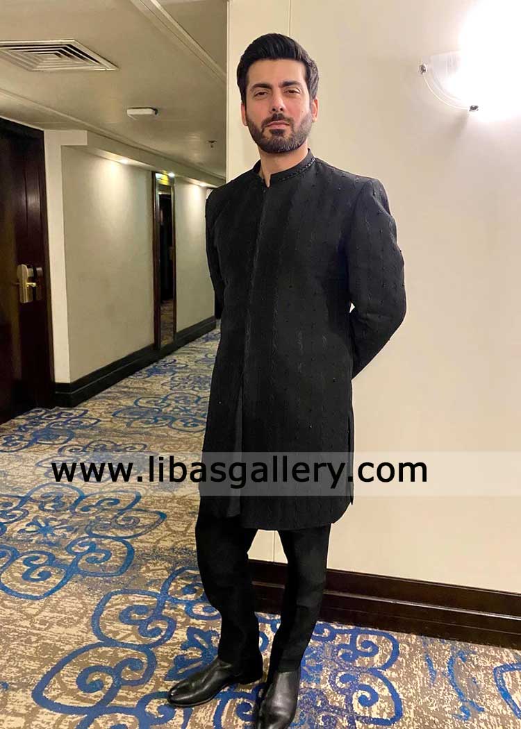 Black Self Embroidered Embellished Groom Nikah Sherwani Style