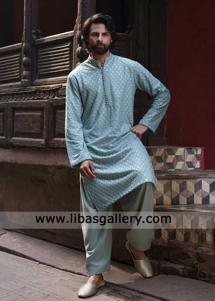 Powder Blue Embroidered Men Kurta with coordinated Shalwar