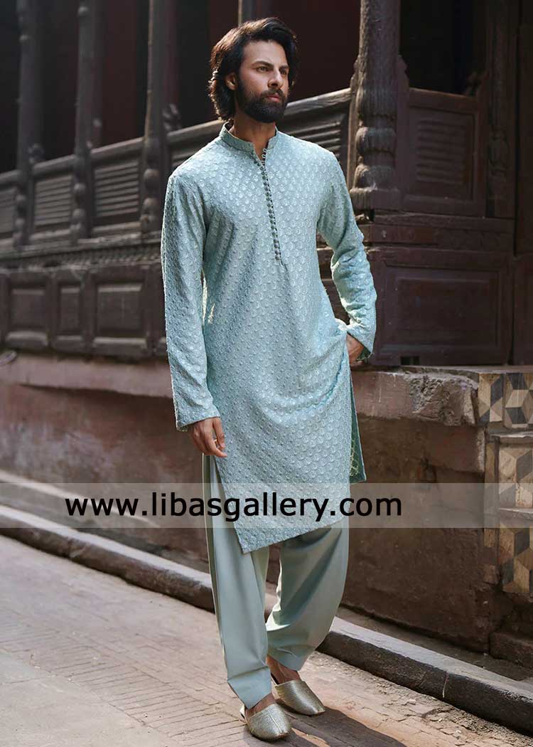 Powder Blue Embroidered Men Kurta with coordinated Shalwar