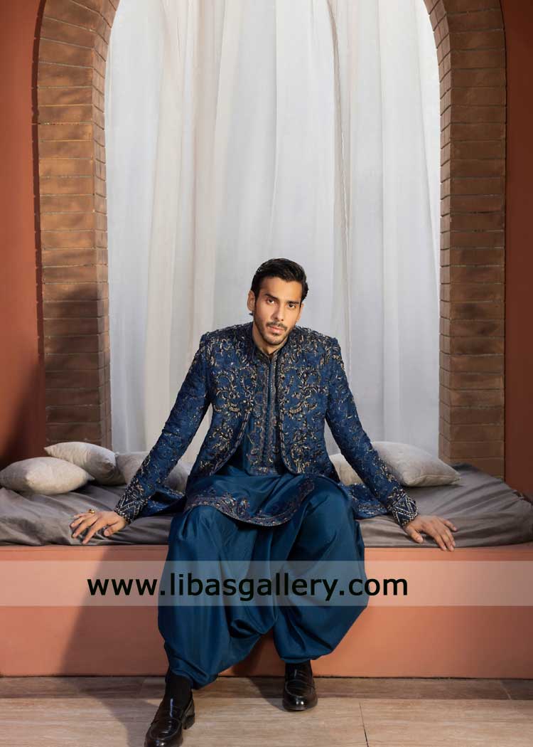Striking Blue Embroidered Sherwani for Groom Wedding