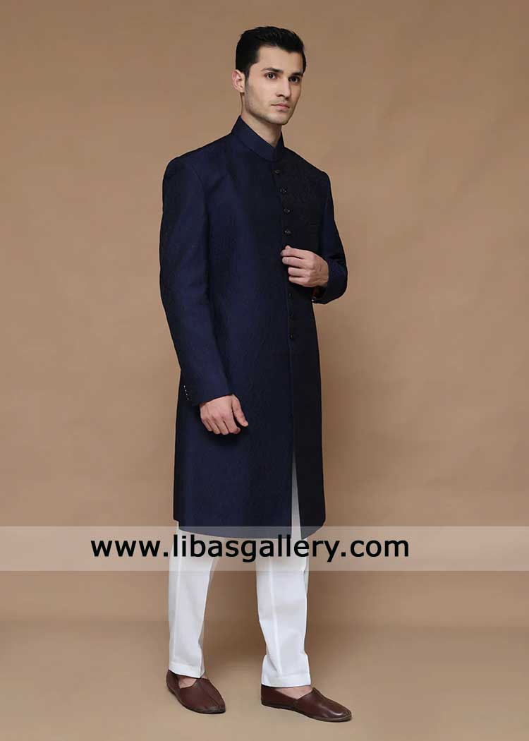 Majestic Blue Karandi Jamawar Men Wedding Sherwani