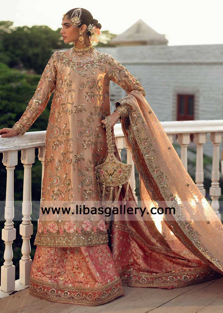 Blush gold bridal with brocade lehenga and dupatta