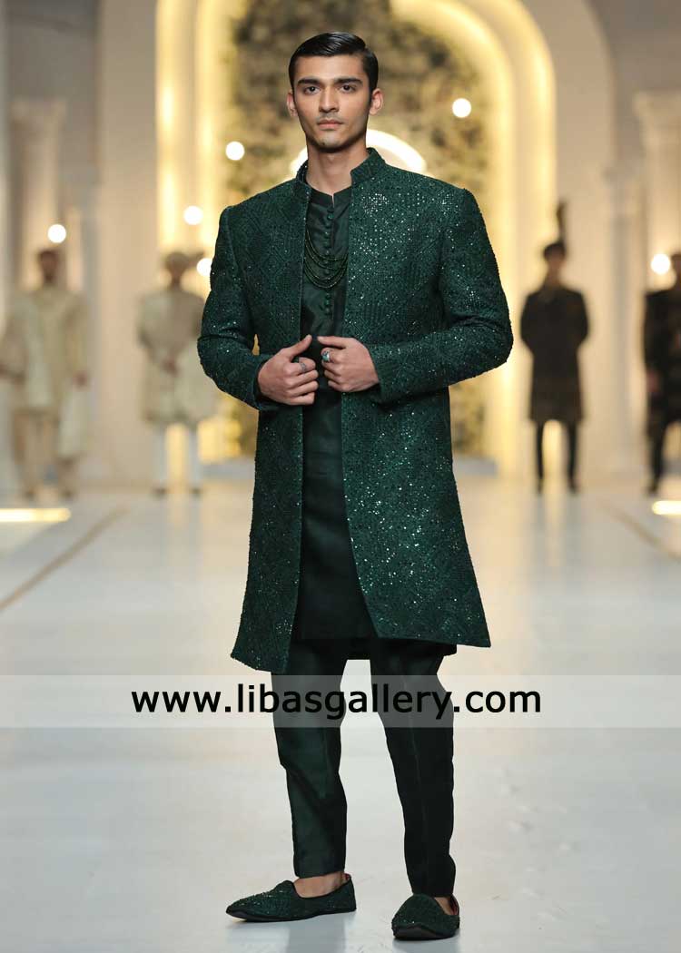 Bottle Green Luxury Pakistani Sherwani for Groom | Hand Embroidered Bottle Green Luxury Pakistani Sherwani for Groom | Hand Embroidered