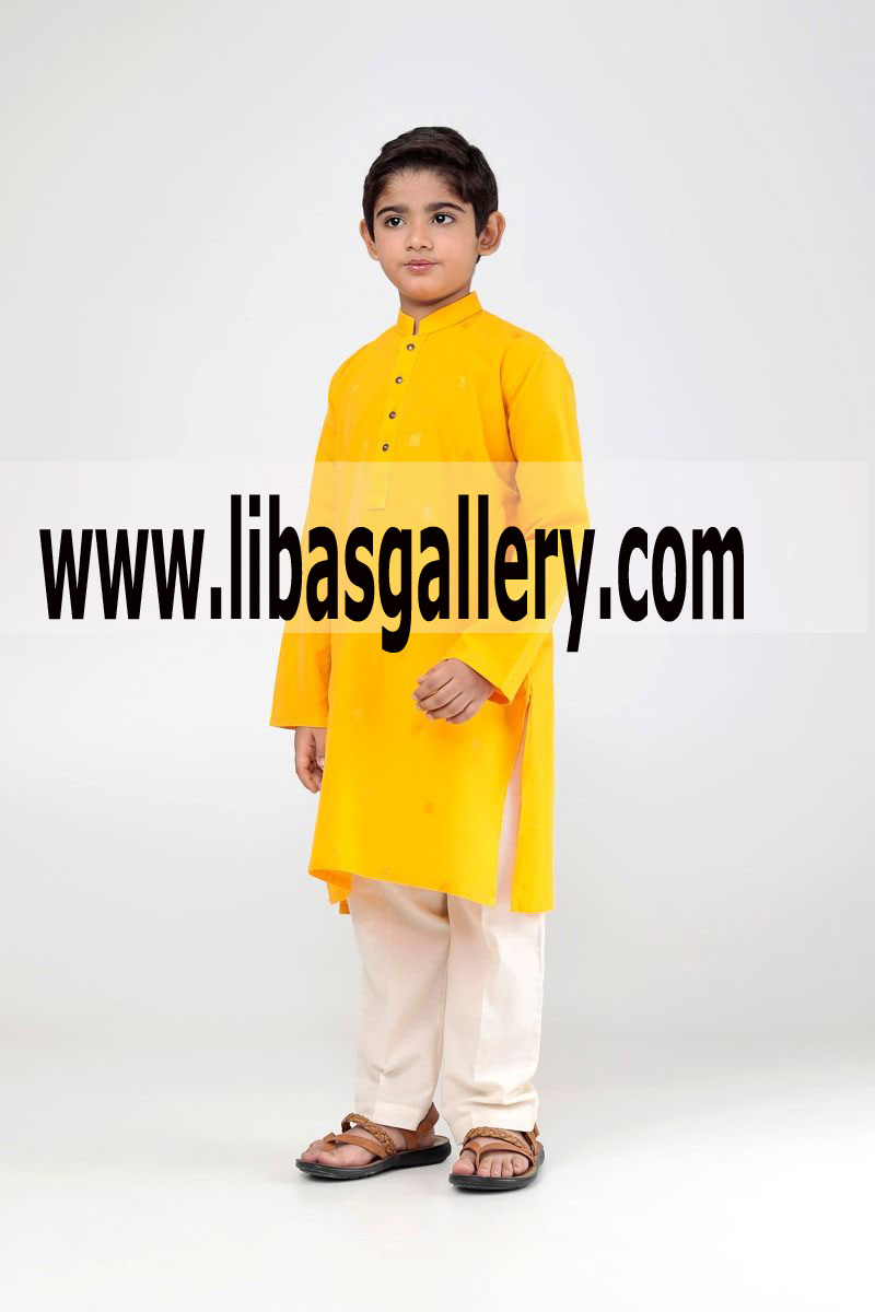 Yellow Kurta for young boys kids with white shalwar