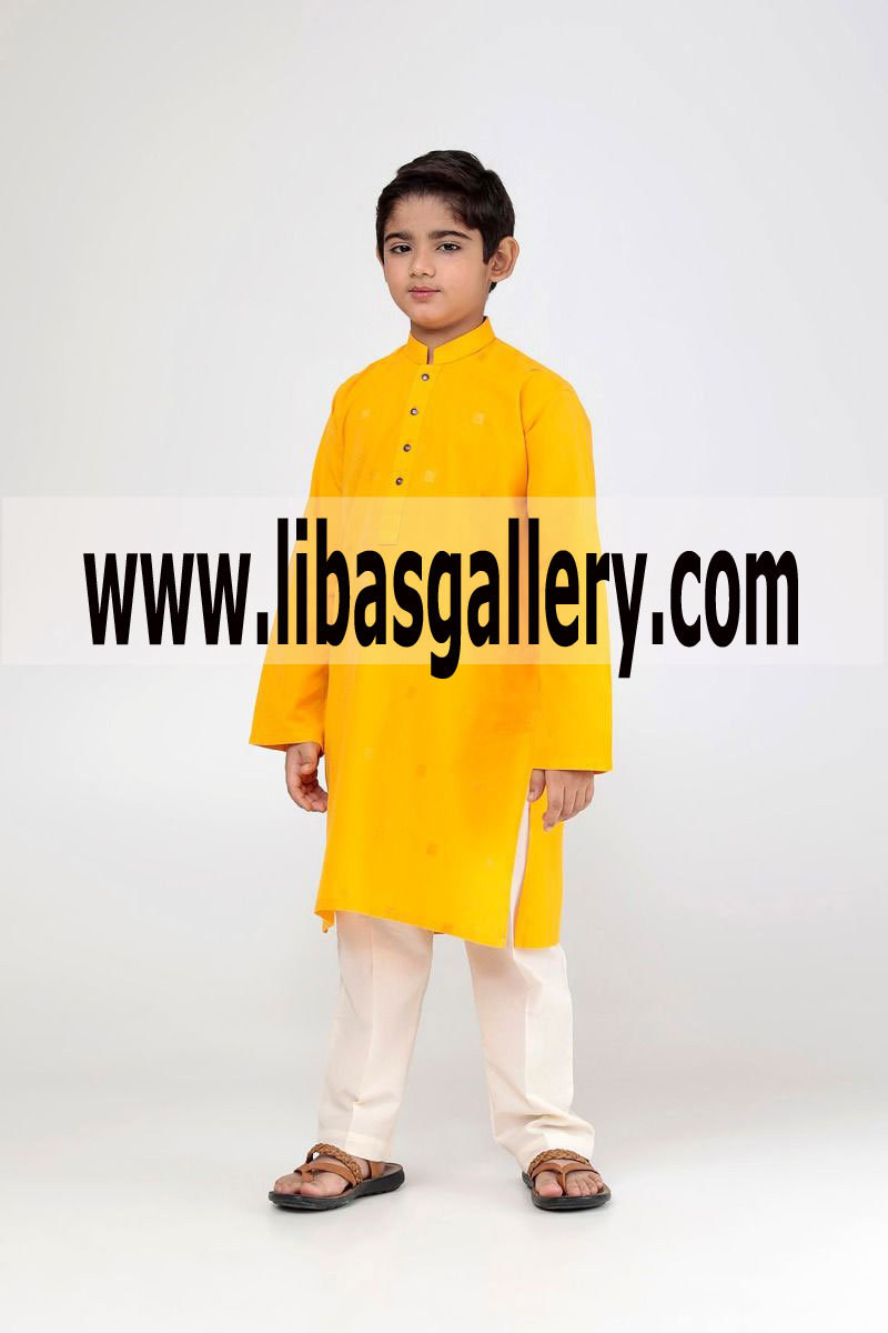 Yellow Kurta for young boys kids with white shalwar