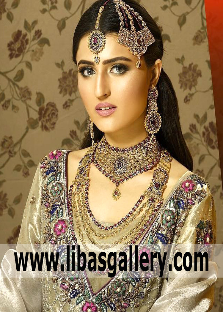 Bridal jewellery Ametheist gold Choker set for eastern bride with jhumer tika Dubai Saudi Arabia Qatar