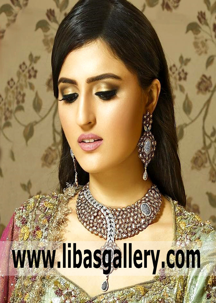 shy girl preparing herself for mehendi function wearing pakistani occasion jewellery set necklace earrings USA Australia UK