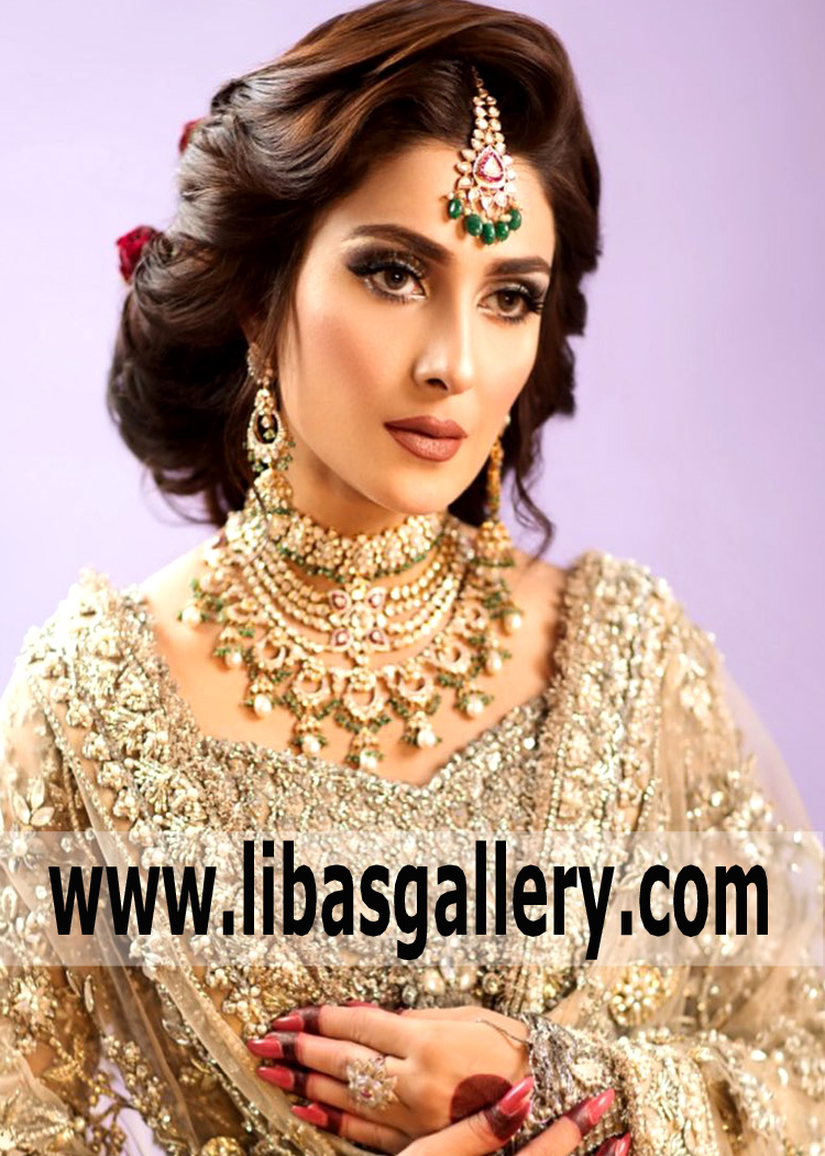 ayeza khan focusing something in beautiful bridal jewerly set by deisgner for nikah and walima day hand made gold plated jewelry design uk usa qatar