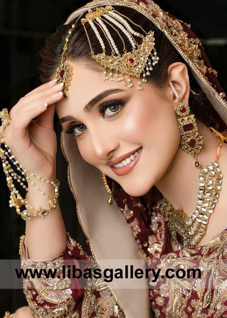 Latest Bespoke Pakistani Bridal Kundan Jewelry Set Gold plated Tika Jhumer Earrings Necklace Hand piece Finger Ring UK Dubai USA Saudi Arabia Qatar