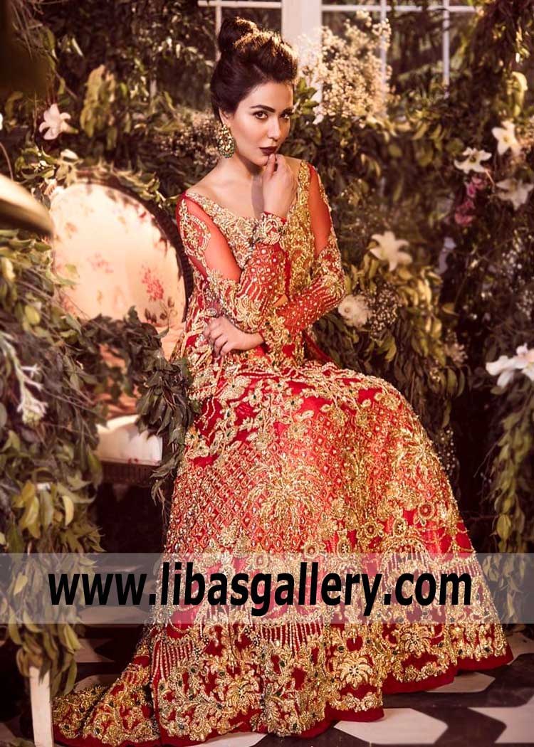 Bridal Maxi with Lehenga Dupatta Red and Golden Dress Pakistani – Nameera  by Farooq