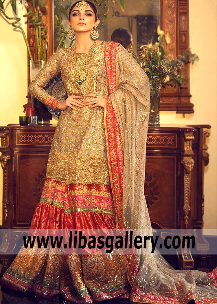 Nomi Ansari Mukesh Work: Bridal Wear Stamford UK - Traditional Wedding Farshi Gharara for Classic Brides