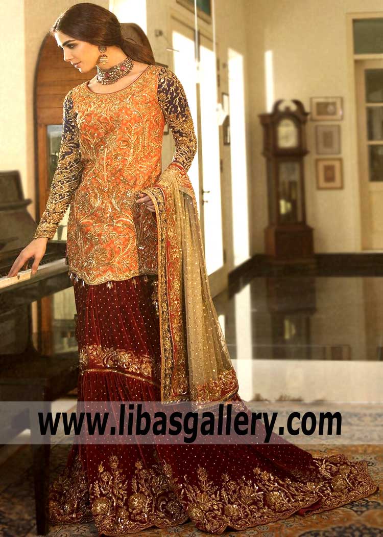 Stylish Tangelo Maroon Bridal Gharara Dress for Wedding and Special Occasions