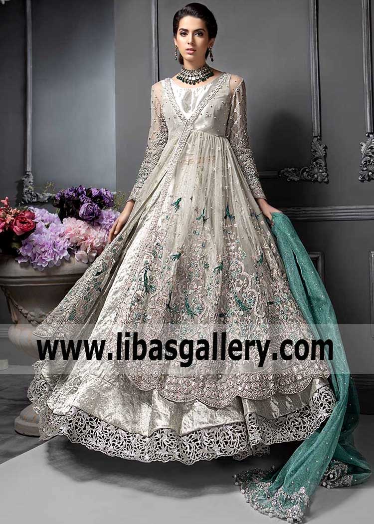 Breathtaking Dark Platinum Wedding Dress with Exquisite Embellishments for Walima or Reception