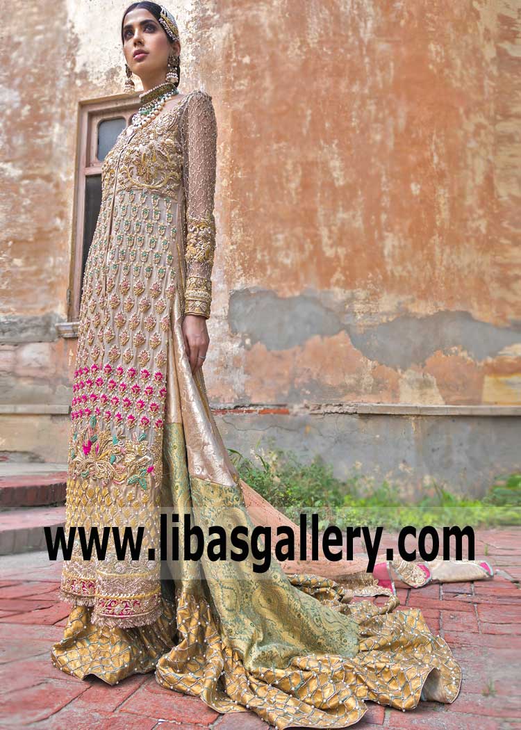 A Dreamy Long Gown With Farshi Jamawar Lehenga Dress For A Dreamy Bride
