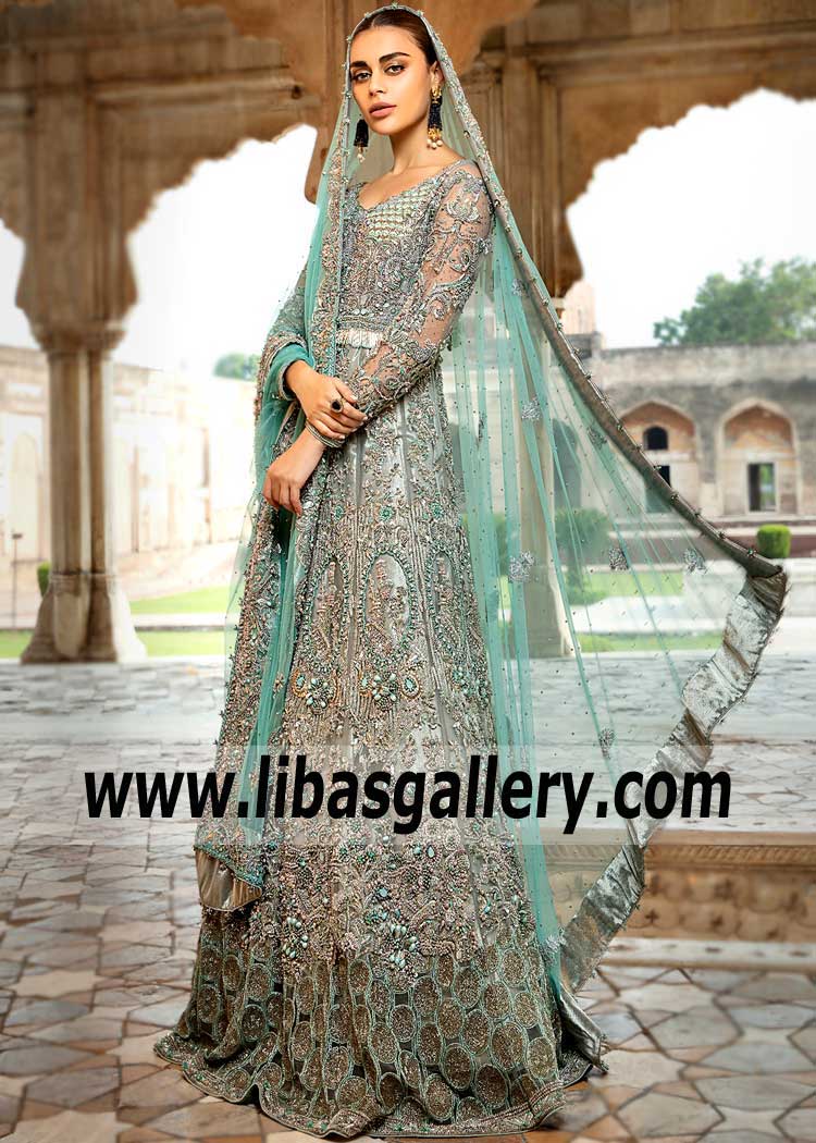 Robin Egg Blue Long Sleeve Illusion Embellished Tulle Maxi Gown