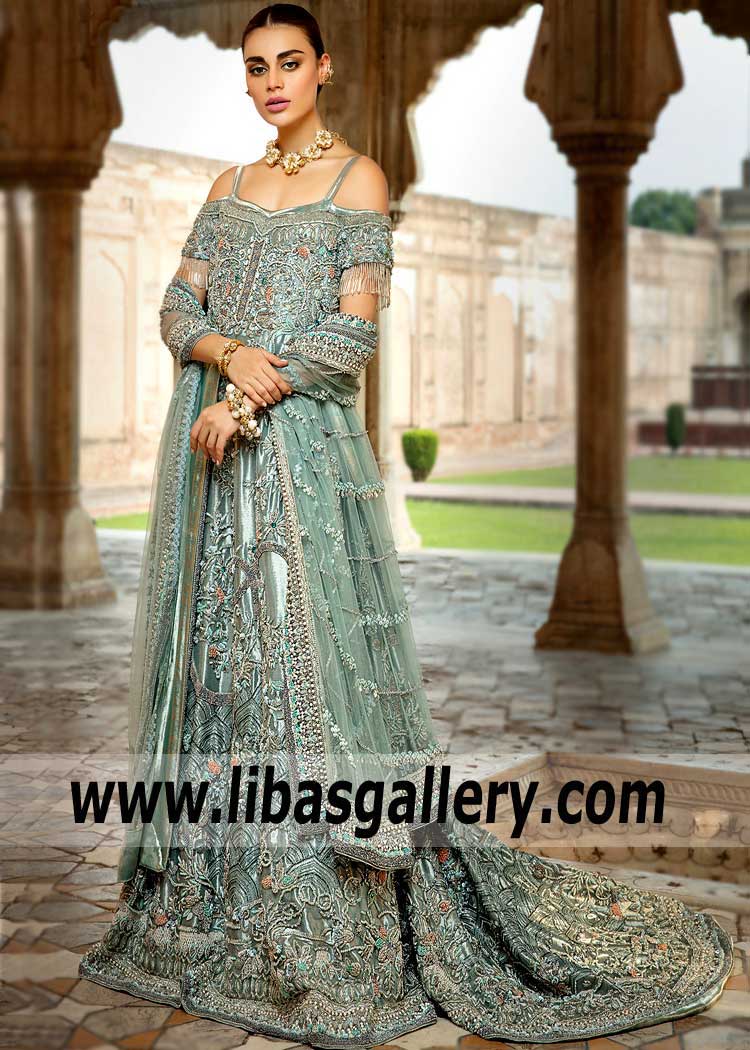 Off The Shoulder Cambridge Blue Tissue Silk A Line Gown