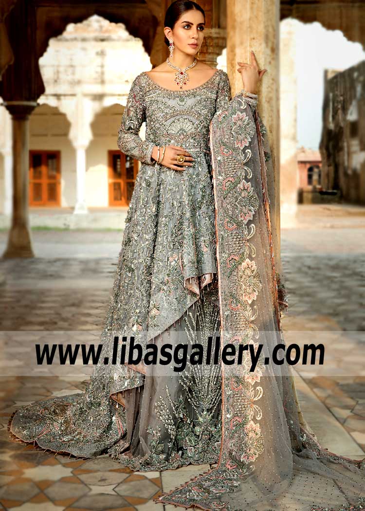 Asymmetrical Hem Grey Anarkali Dress with Court Train