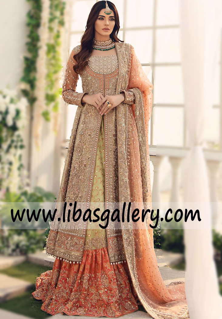 peach gown with heavy embellishment and peach green 2 color lehenga with jaal border plus kamdani on dupatta bridal dress ohio florida USA