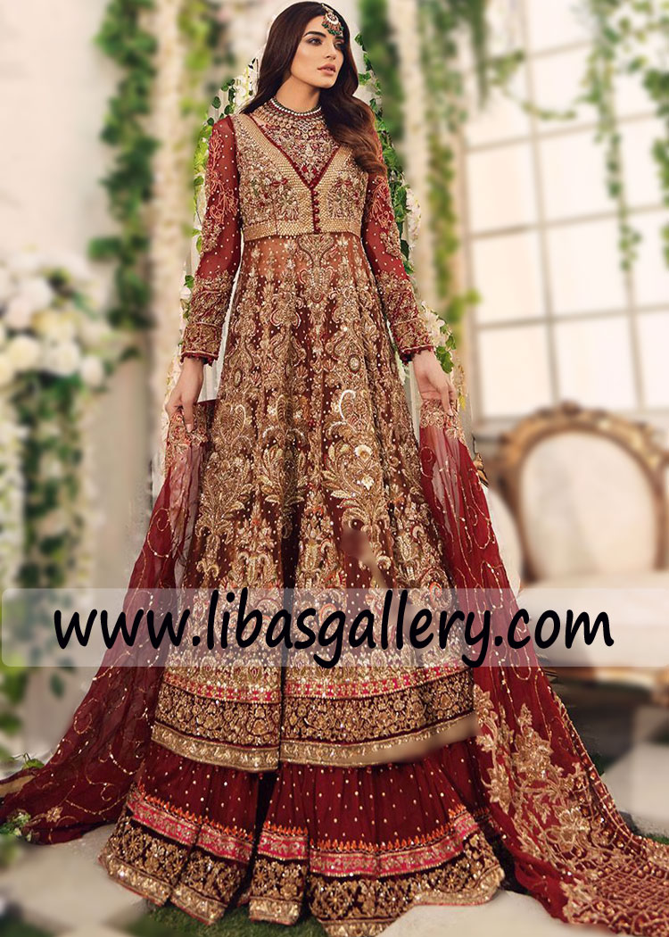 Rust Net Gown Embellished Jamawar lehenga bridal outfit nageen